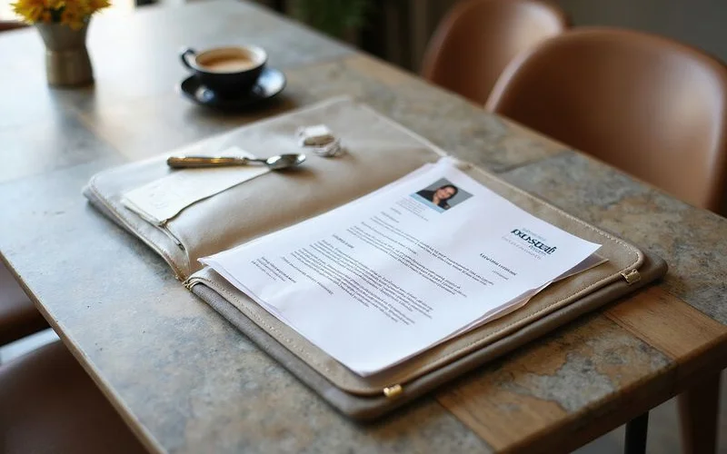 Organized folder of rental application documents on a dining table