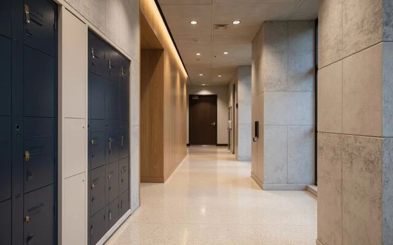 Package room with smart lockers in a Houston high rise, clean and modern, soft light