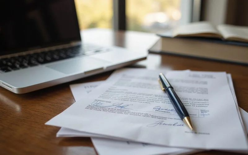 Pay stubs and an offer letter neatly stacked on a desk