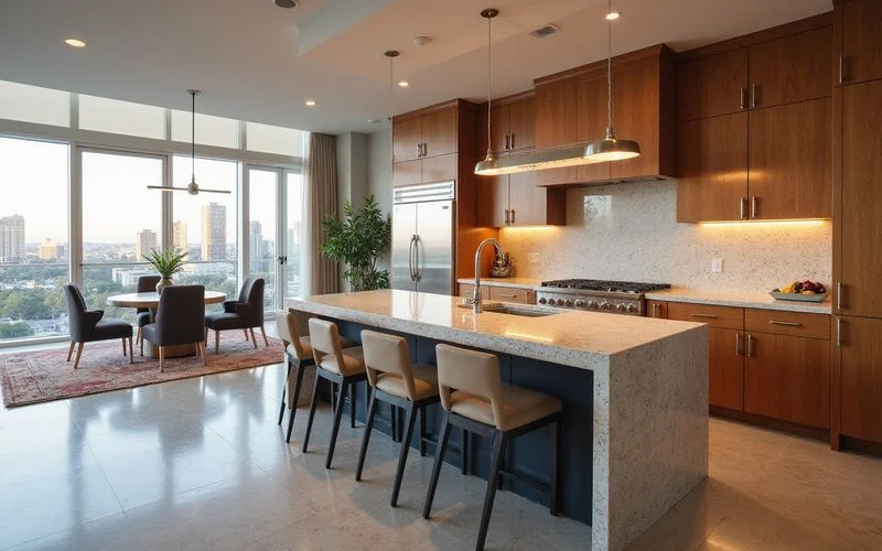 Penthouse kitchen with waterfall stone island and warm wood cabinetry, soft light