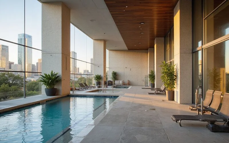 Podium-level amenity deck pool between towers, soft afternoon light