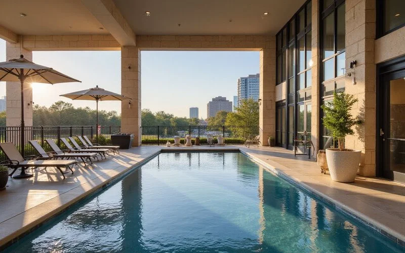 Podium-level amenity deck pool with shade structures