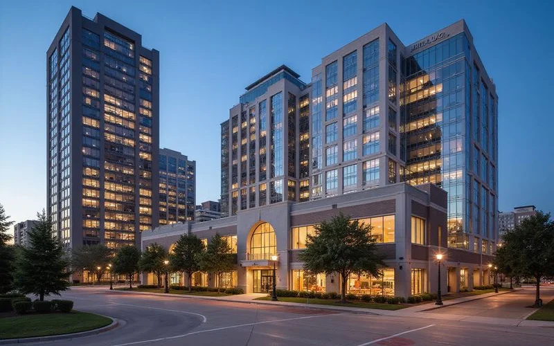 Post Oak Boulevard high rises in the Galleria area at dusk, soft warm light