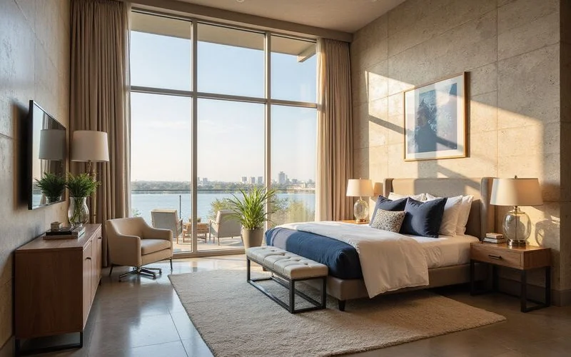 Primary suite with floor-to-ceiling windows over Buffalo Bayou, soft morning light