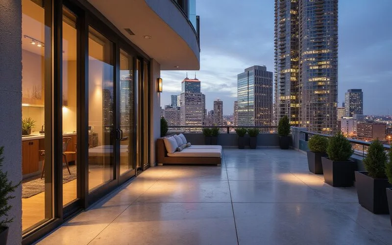 Private high rise terrace with stone pavers and city view at dusk