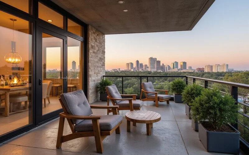 Private terrace of a top-floor Houston apartment overlooking Buffalo Bayou Park
