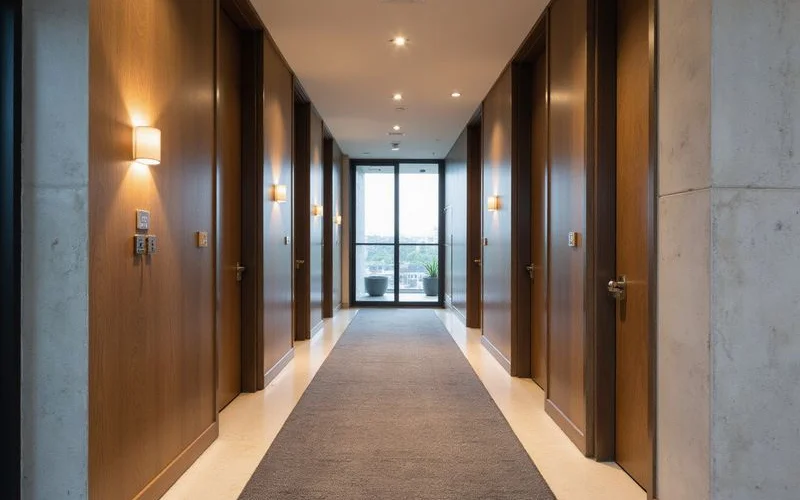High rise apartment hallway with numbered doors and warm sconces