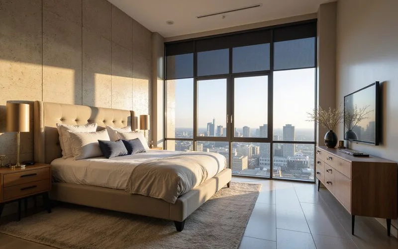 Quiet high rise bedroom with blackout shades and soft morning light, neutral palette