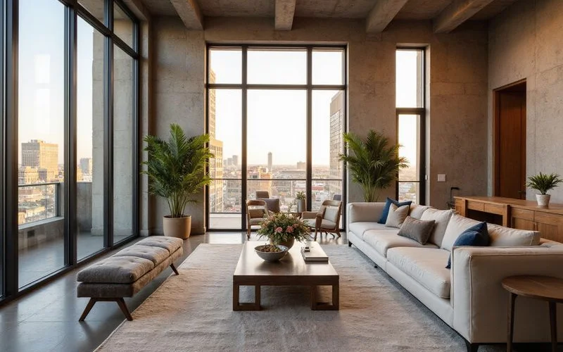 Renovated historic apartment with tall windows and exposed details, warm light