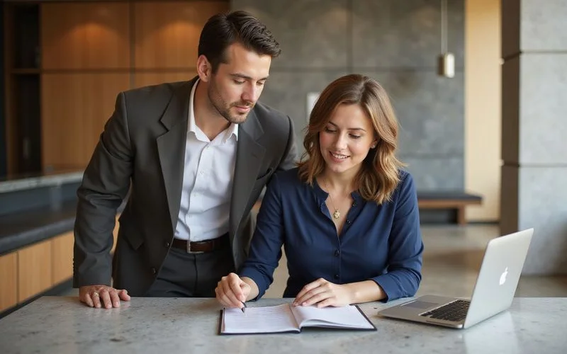 Renter and leasing agent reviewing an approval checklist at a high rise leasing desk