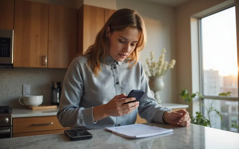 Renter checking a credit score on a phone at a high rise kitchen counter