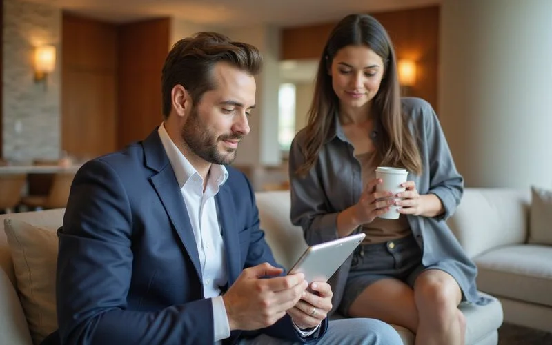 Renter comparing guarantor program options on a tablet in a lounge