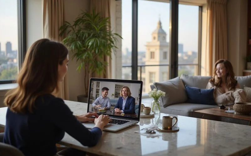 Renter taking a video tour of a Houston high rise during the holidays