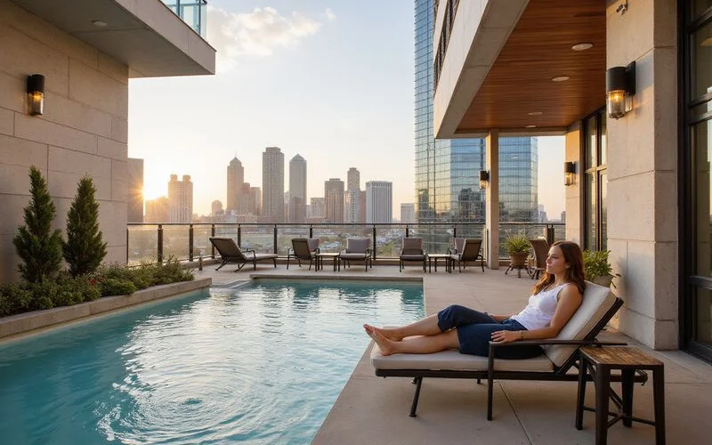 Sunbather on a lounge chair on a rooftop pool deck with skyline