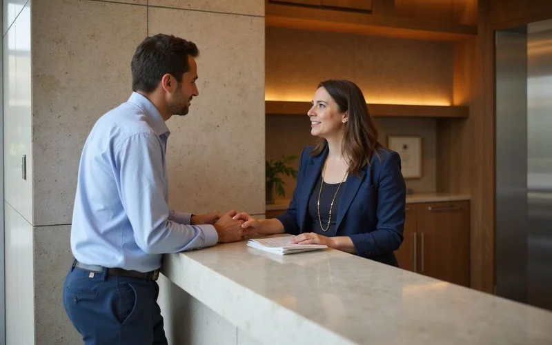 Resident services manager greeting residents in a high rise lobby