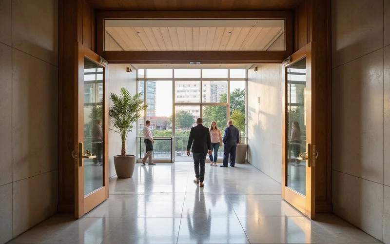 Resident walking from a high rise toward a METRORail platform