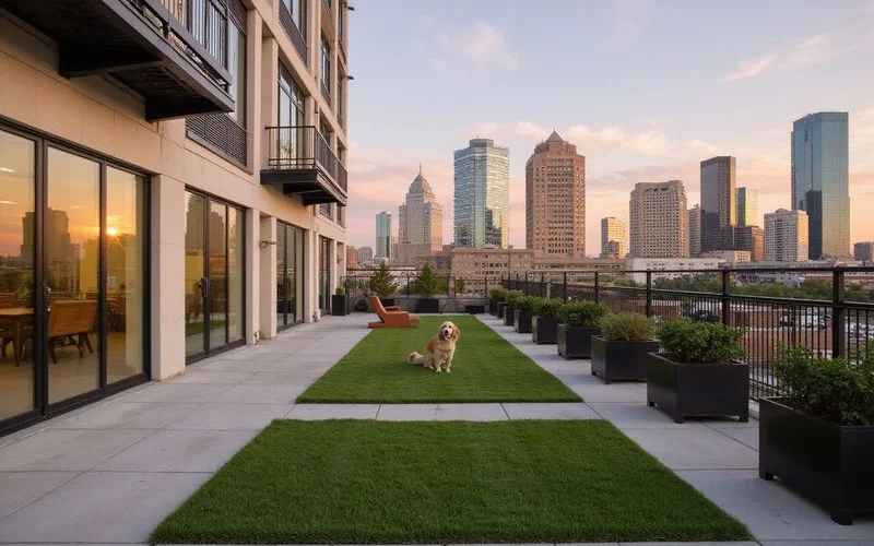 Rooftop dog run with turf and skyline view at golden hour