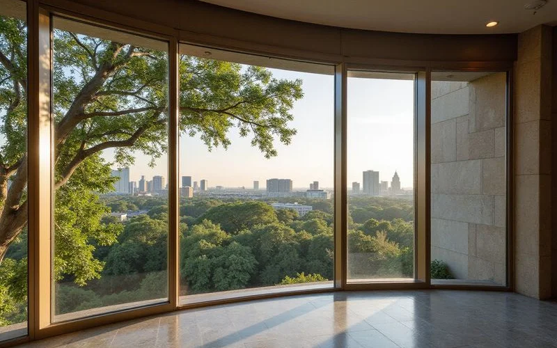 Same view from a lower floor with tree canopy, soft light