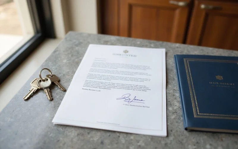 Signed offer letter on company letterhead next to apartment keys