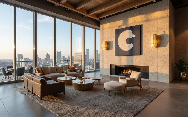 Sky lounge in a Houston high rise with skyline view, warm wood and slate tones