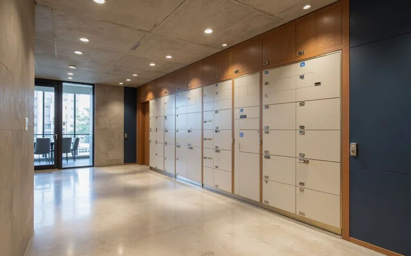 Smart package lockers in a high rise mail room