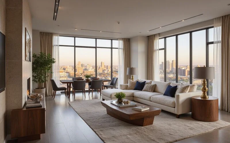 Spacious two bedroom high rise living and dining room with city view