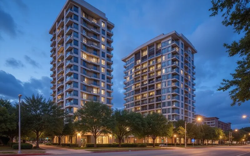 Condo tower and rental tower side by side on a Houston street at dusk