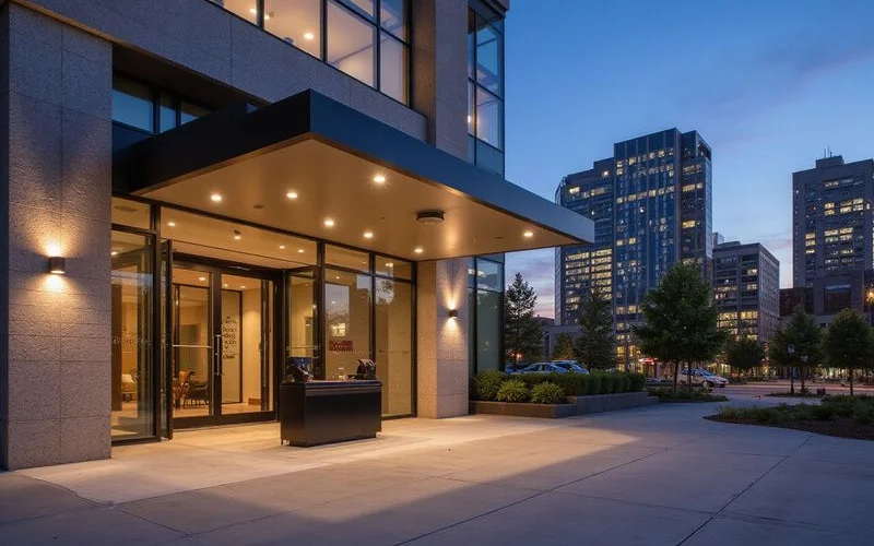 Valet stand at the entrance of a Houston luxury high rise at dusk