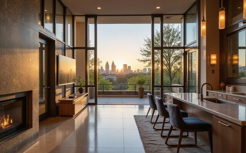 Upper-floor view over Buffalo Bayou Park toward Downtown