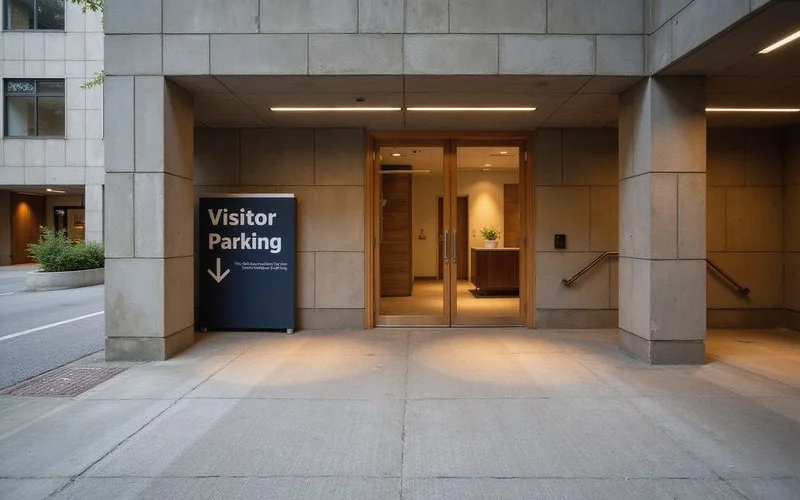 Visitor parking signage in a modern residential garage, clean lighting