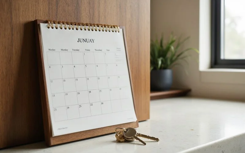 Calendar and keys on a kitchen counter in a short-term high rise rental