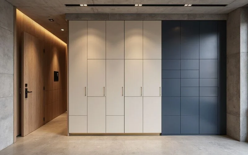 Wall of smart package lockers in a modern residential lobby, clean light