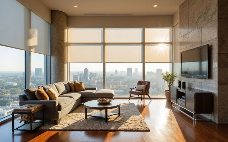 West-facing living room with sheer shades softening afternoon sun