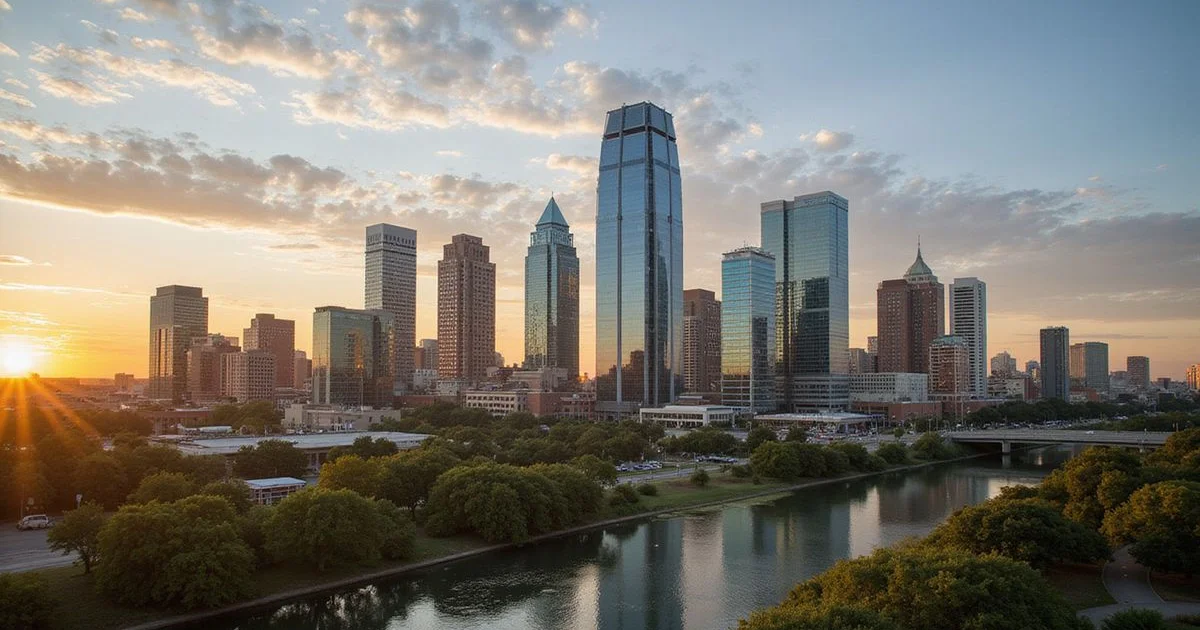 Aerial golden-hour view of the Houston skyline from Buffalo Bayou toward Downtown towers