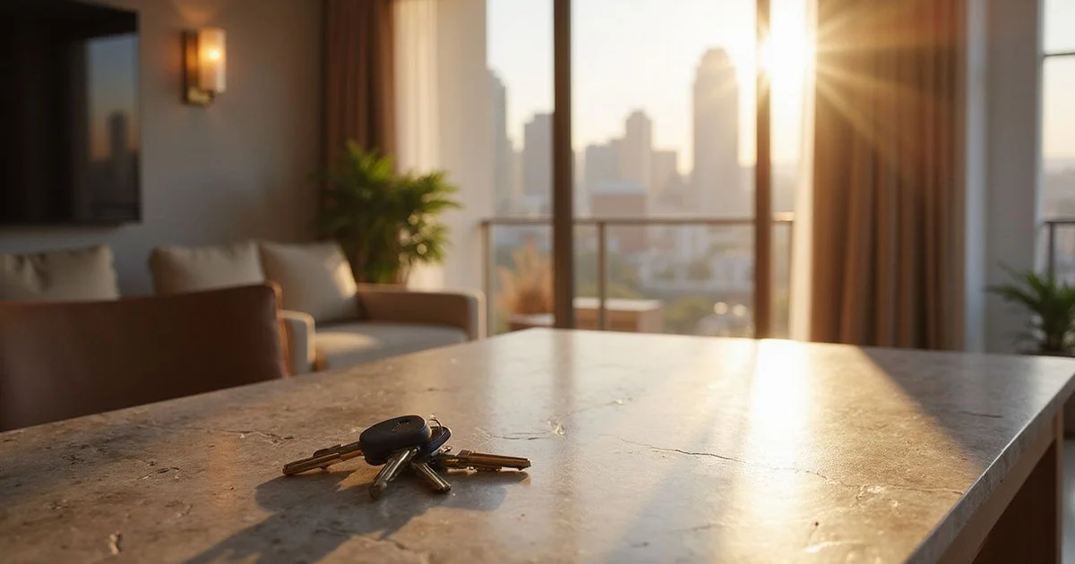 Bright high rise apartment entry with keys on a console table, warm golden light