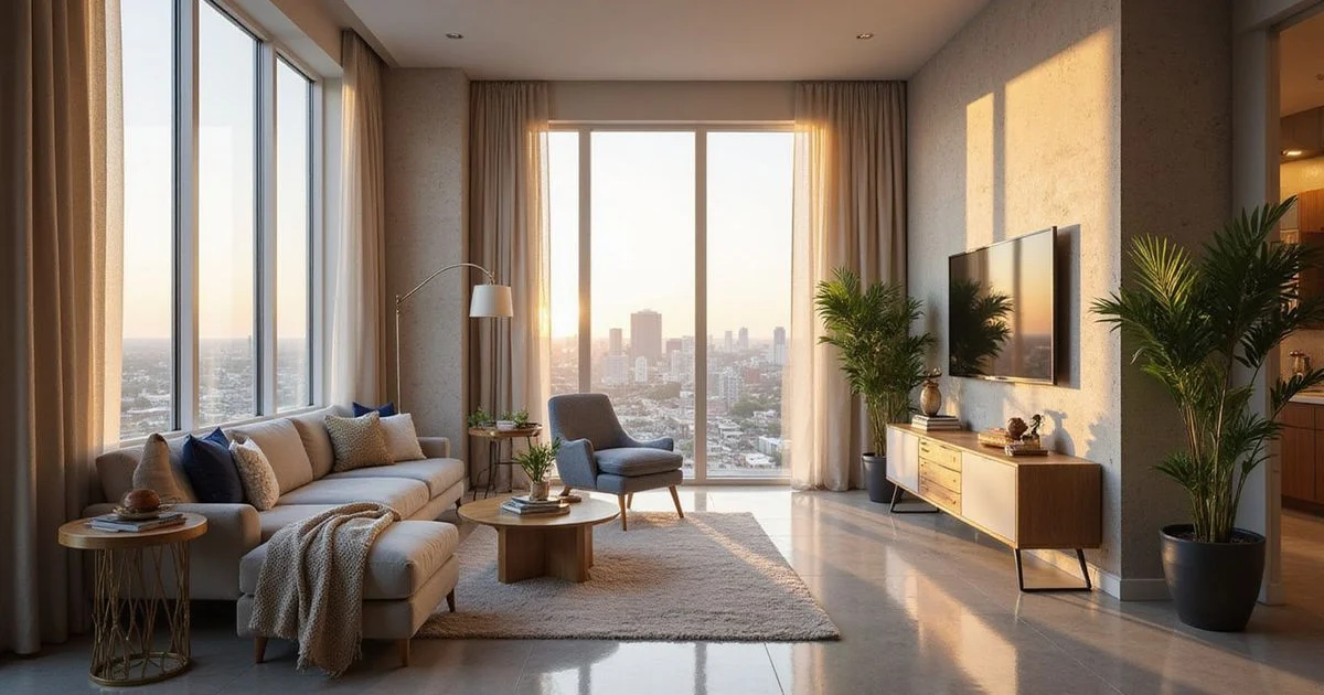 Bright high rise studio apartment with skyline view and smart layout, golden light