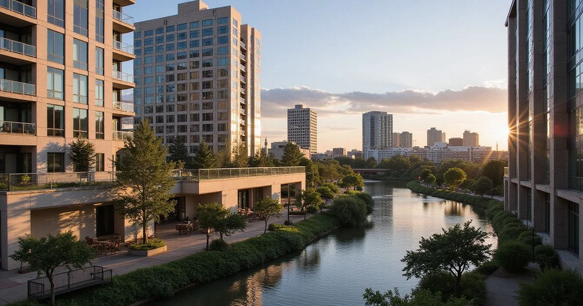 Buffalo Bayou winding past Downtown Houston towers seen from a high rise at golden hour