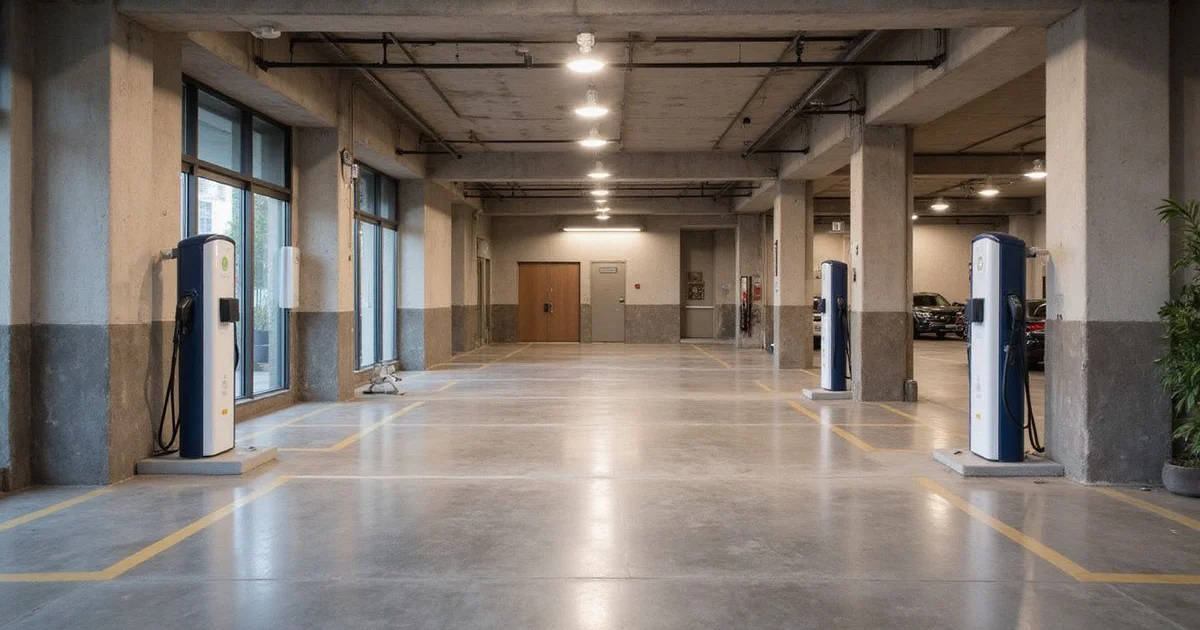 Clean high rise parking garage with EV charging stations, soft even light