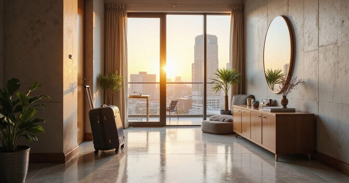 Compact furnished high rise studio with city view and suitcase by the door, golden light