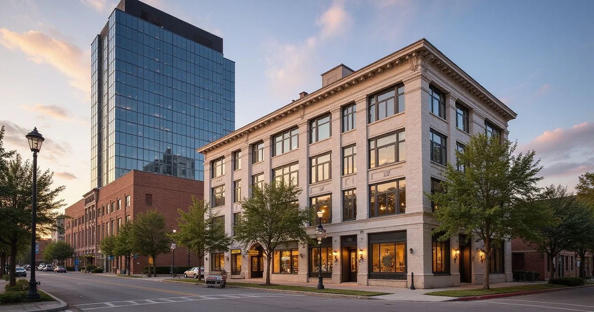 Contrast of a new glass tower and a renovated historic Houston building, golden hour