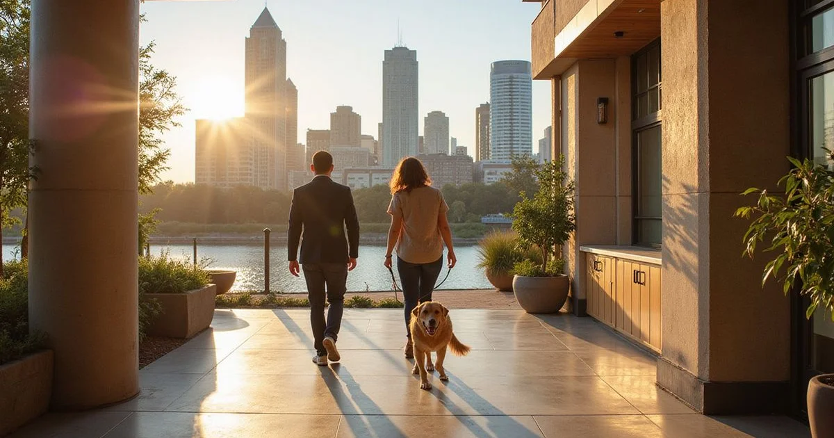Dog and owner walking along Buffalo Bayou Park with Downtown towers behind, golden hour