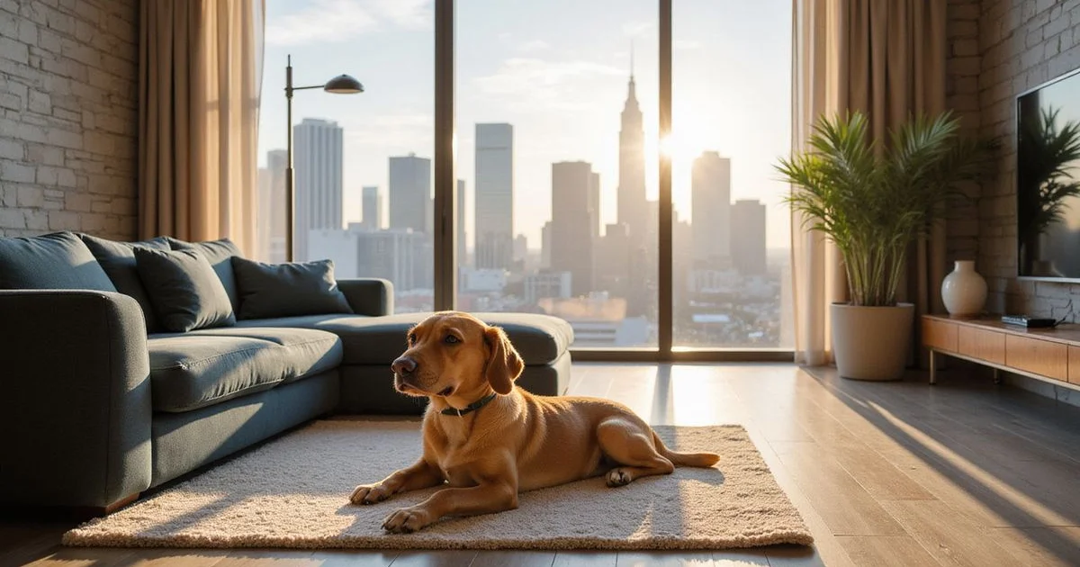 Dog resting on a rug in a sunlit Houston high rise living room with skyline view