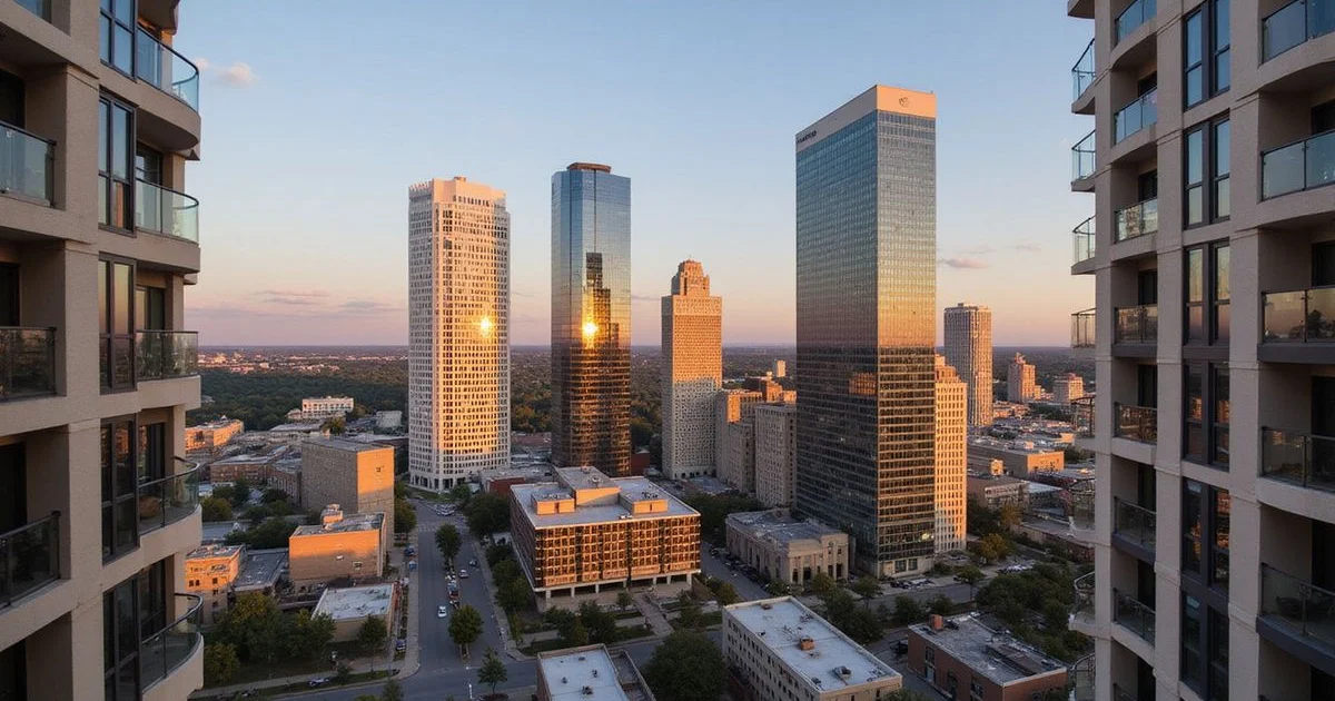 Downtown Houston office towers at golden hour seen from a residential high rise balcony
