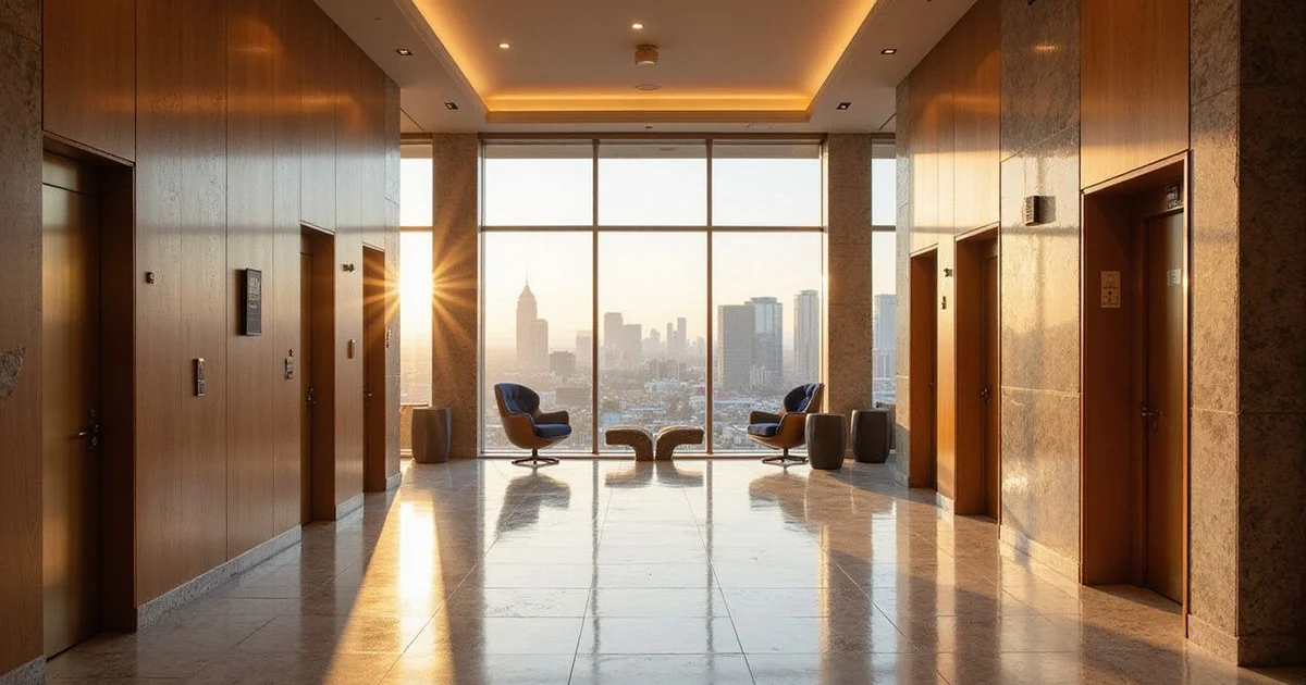 Elevator lobby of a luxury Houston high rise with warm wood panels and stone floors, golden light