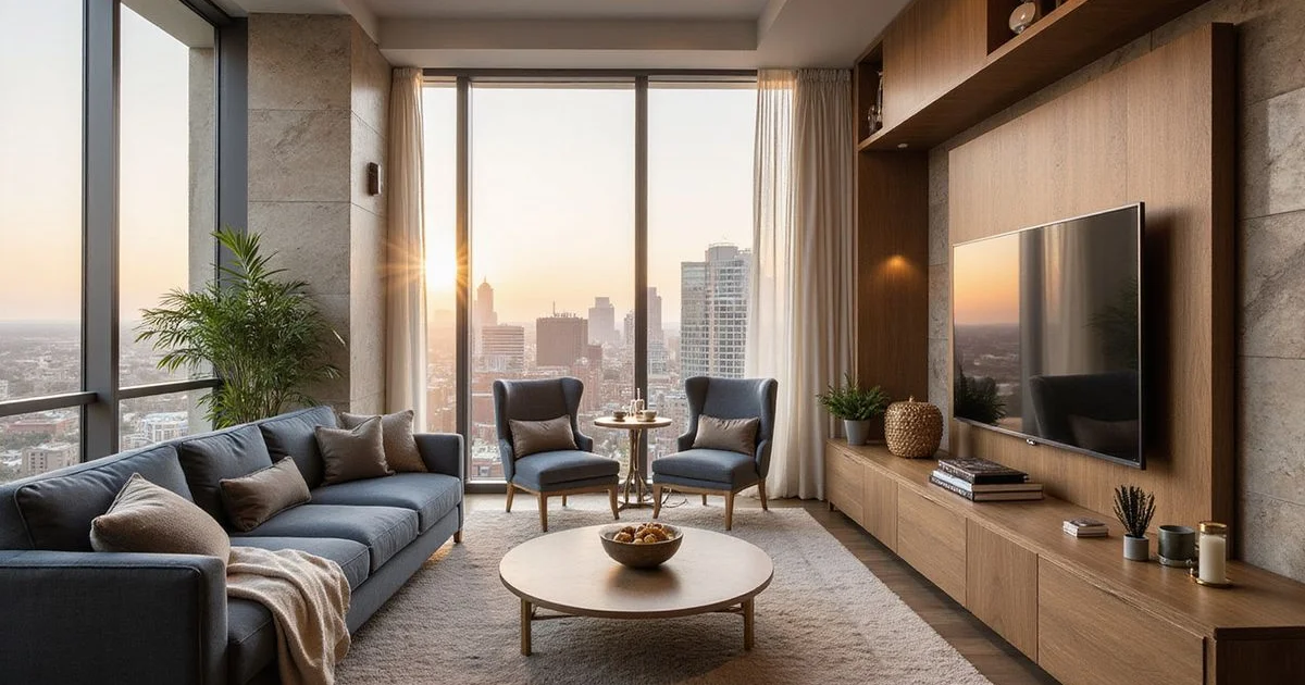 Fully furnished Houston high rise apartment with neutral decor and skyline view, golden light
