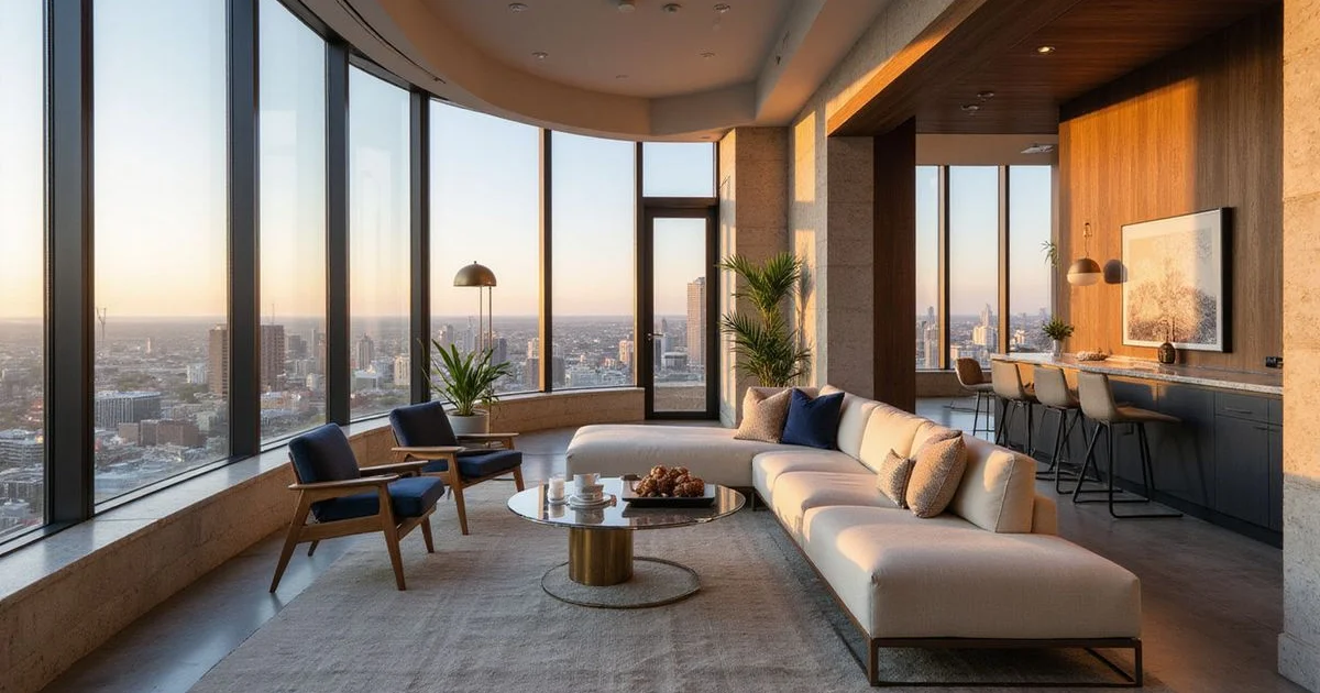 Furnished executive high rise apartment in Houston with skyline view, golden-hour light