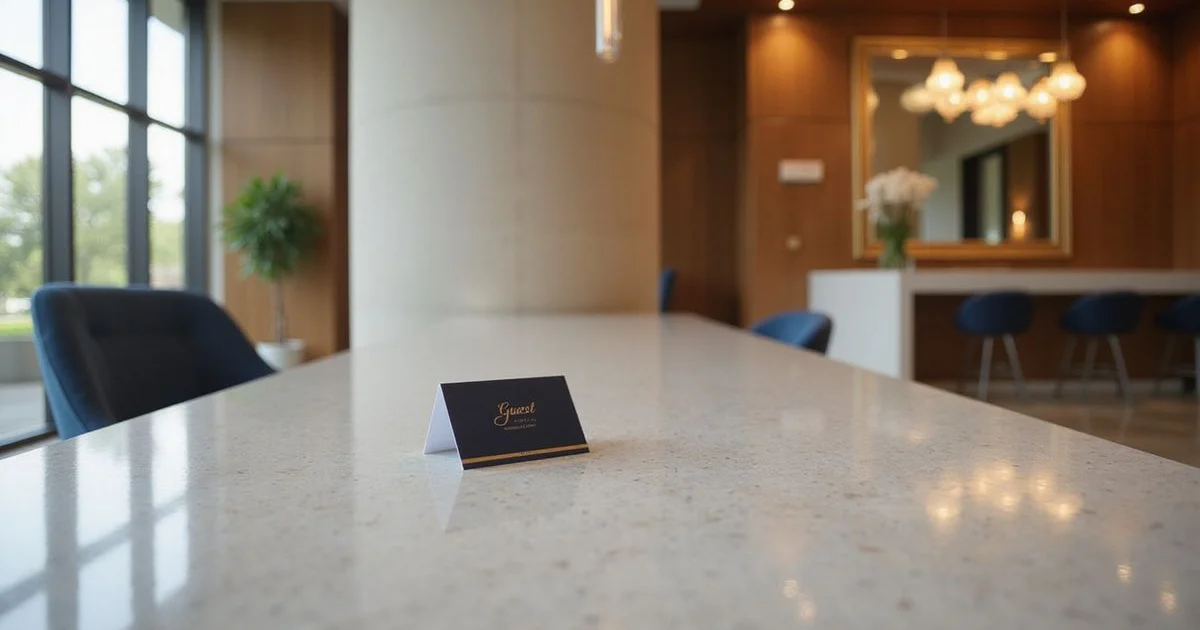 Guest card on a leasing desk in a modern Houston high rise lobby, soft natural light