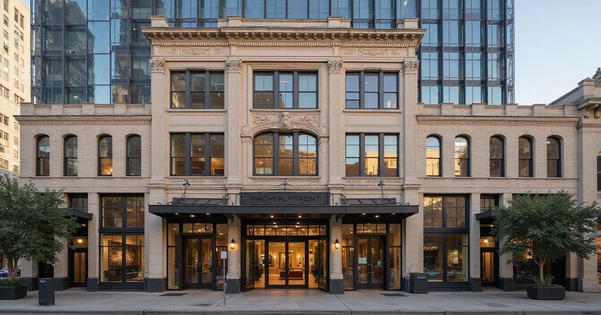 Historic Downtown Houston building facade beside a modern glass tower, golden hour