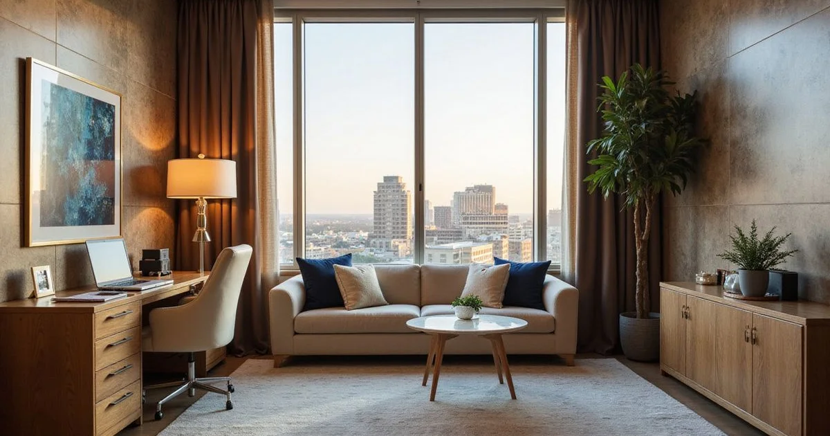 Home office nook in a Houston high rise with laptop and city view, golden-hour light