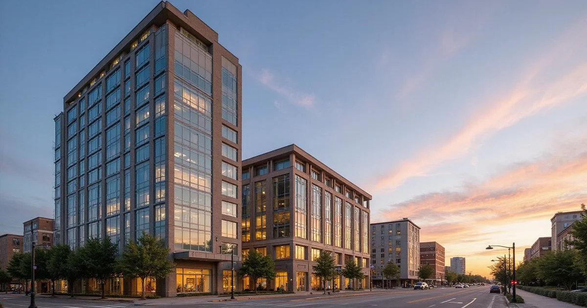 Houston high rise tower beside a mid-rise building at golden hour, street-level wide angle